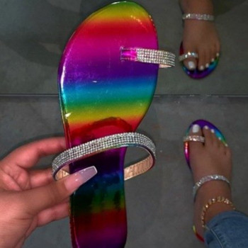 Секси дамски летни плоски чехли Обувка с кристали с отворени пръсти Римски плажни сандали Дамски джапанки Черни неплъзгащи се пързалки размер 35-43