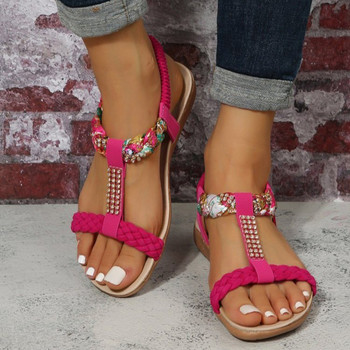 Сандали на платформа с кристална T-каишка Дамски летни обувки с плетена каишка около глезена Римски обувки Дамски сандали с отворен пръст и плосък ток Външни сандалии Mujer