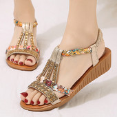 Bohemia Gold Crystal Wedges Σανδάλια Γυναικεία 2023 Καλοκαίρι με χαμηλό τακούνι Gladiator Σανδάλια Woman Plus Size 43 Straps Beach Shoes