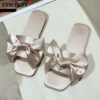 Нови модни сатенени сватбени чехли Луксозни дамски домашни сандали за спалня с надничащи пръсти Сватбени обувки за шаферка на булката с копринена панделка