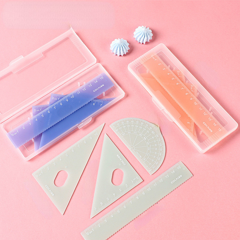 4 db / szett műanyag vonalzó írószerkészlet Candy színes többfunkciós kombinált vonalzó háromszög szögmérő rajzoláshoz