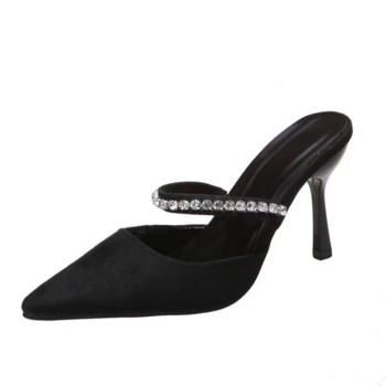 Μαύρα ψηλοτάκουνα παπούτσια γυναικεία άνοιξη 2022 νέα γυναικεία παπούτσια στιλέτο με μυτερά μύτη αντλίες σατέν στρας glitter mules αντλίες