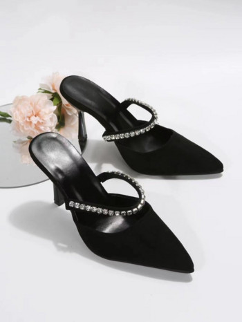Μαύρα ψηλοτάκουνα παπούτσια γυναικεία άνοιξη 2022 νέα γυναικεία παπούτσια στιλέτο με μυτερά μύτη αντλίες σατέν στρας glitter mules αντλίες