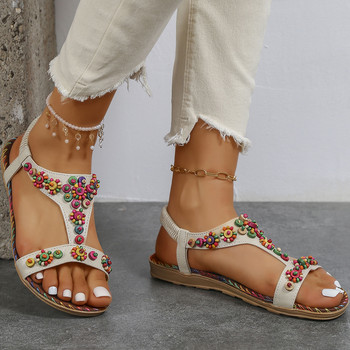 Lucyever Мъниста с цветя Сандали с плосък ток Дамски бохемски сандали с отворени пръсти лято 2023 г. Плюс размер Дамски обувки Рим с еластична каишка
