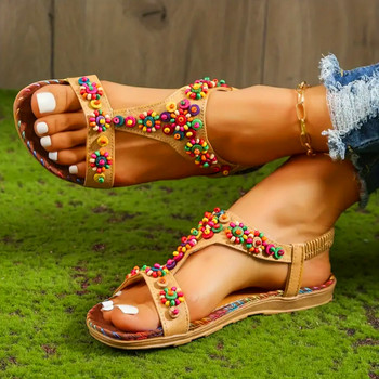 Lucyever Мъниста с цветя Сандали с плосък ток Дамски бохемски сандали с отворени пръсти лято 2023 г. Плюс размер Дамски обувки Рим с еластична каишка