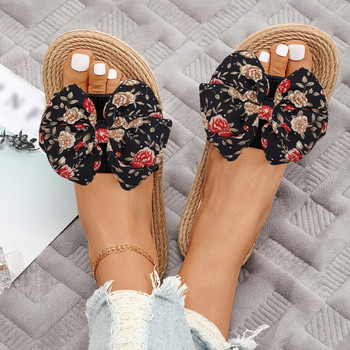 Дамски летни плажни чехли с щампа на цветя и лъка Плоски отворени пръсти чехли дишащи дамски ежедневни сандали чехли домашни обувки