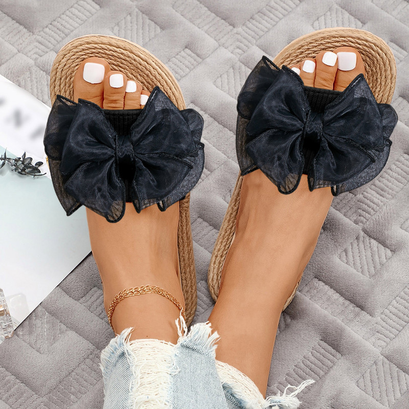 Női Nyári Strandpapucsok Virágok Nyomtatott masni Lapos Nyitott orrú Papucsok Lélegző Női Alkalmi Szandálok Papucsok Beltéri cipők