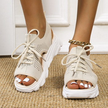 Летни дамски сандали за 2022 г. Мрежести ежедневни обувки Бели сандалии с връзки с дебела подметка Плажни обувки с отворени пръсти за жени Нови Zapatos Mujer