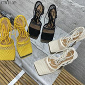 Σέξι Hollow Out Mesh Γυναικείες αντλίες Lace Up Σανδάλια Γυναικεία τετράγωνα δάχτυλα Ψηλοτάκουνα Καλοκαιρινή μόδα λουράκι αστραγάλου Ytmtloy