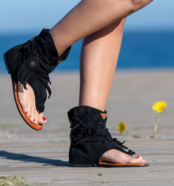 Ретро сандали с пискюли за жени Летни бохо плоски обувки Дамски плажни обувки с връзки Sandalias Mujer 2020 Дамски обувки