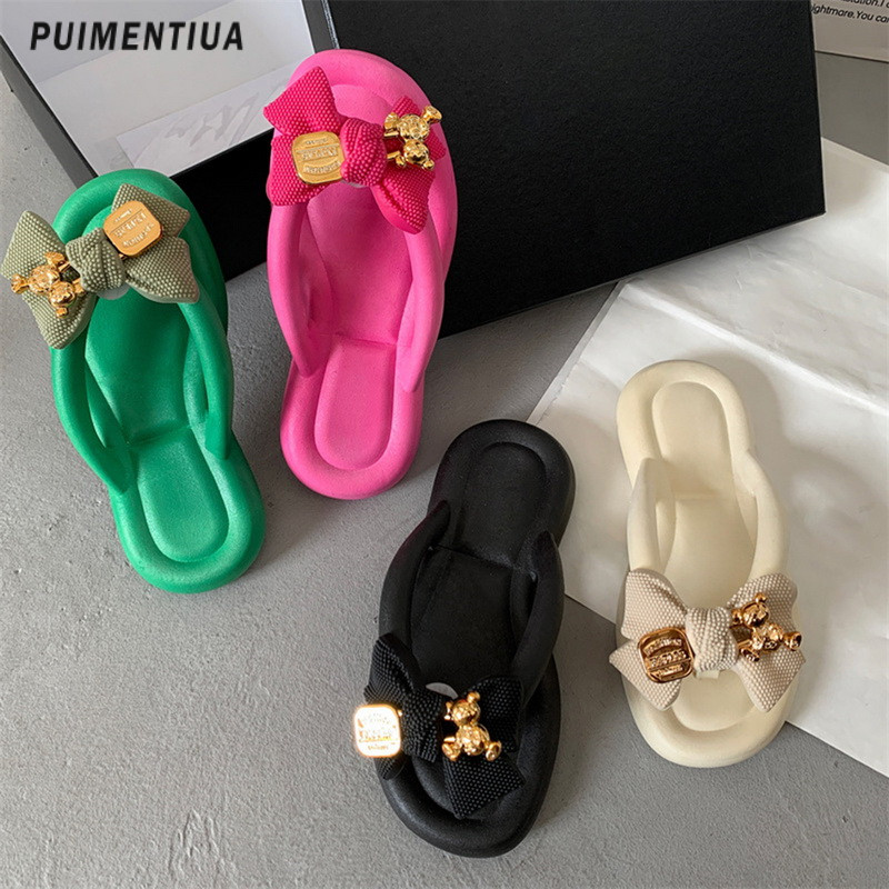 Candy Color Flip Flops Női Felsőruházat 2023 Nyáron Új Bowknot Beach Puha Talp Papucs Beltéri Vastag Platform Eva Home Női Cipők