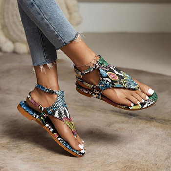 Дамски римски сандали, летни щипки, ежедневни дамски джапанки, плоски сандали с катарама, плажни обувки със змийски принт