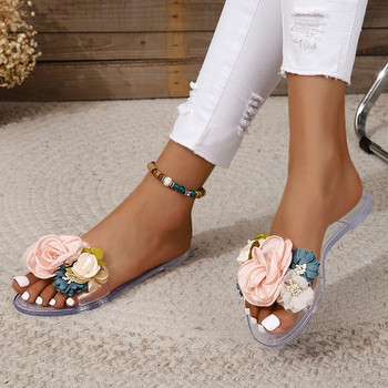 2023 Горещи разпродажби Обувки за жени Дамски чехли с отворени пръсти Летни прозрачни обувки на цветя Дамски плоски ежедневни плажни джапанки