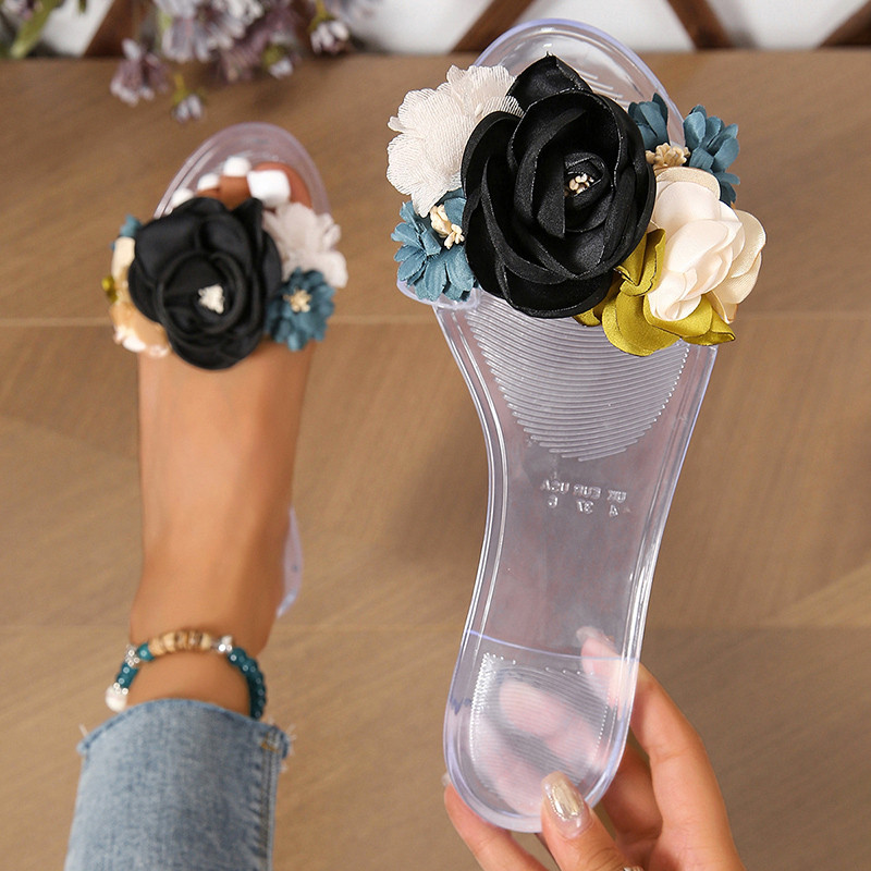 2023-as akciós női cipők nyitott orrú női papucsok nyári átlátszó virágokkal női cipők, lapos, alkalmi strand papucsok