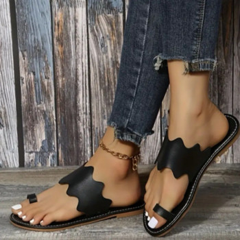 Летни нови дамски чехли Моден кожен комплект с плоски ежедневни обувки Черни плажни джапанки на открито Zapatilla Mujer