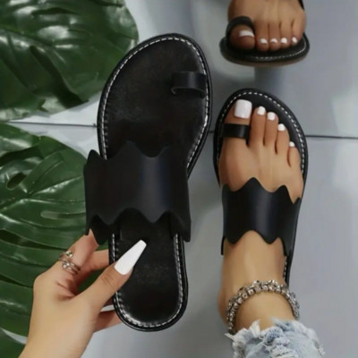 Летни нови дамски чехли Моден кожен комплект с плоски ежедневни обувки Черни плажни джапанки на открито Zapatilla Mujer