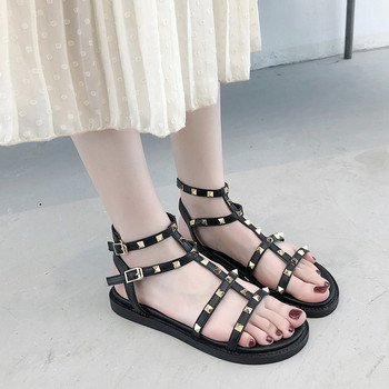 Дамски сандали с нитове 2023 г., нови лятни обувки Fairy Wind Net Red Ins Tide Flat Bottom 0pen Toe Римски обувки