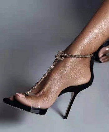 Дамски сандали на висок ток 2023, летни дамски обувки с голям размер, ниска мода за момичета с голям бежов кристал, секси нова комбинация