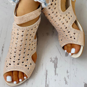 2023 Римски сандали за жени Обувки Кухи обувки с рибешка уста Ретро женски сандали с плоски кристали Размер 36-43 Sandalias De Mujer