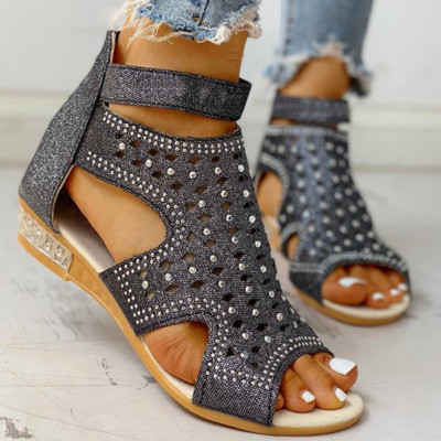 2023 Римски сандали за жени Обувки Кухи обувки с рибешка уста Ретро женски сандали с плоски кристали Размер 36-43 Sandalias De Mujer