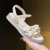 Rimocy Fahsion Pearl Flat Heel Σανδάλια Γυναικεία Καλοκαίρι 2023 Elastic Band Casual πέδιλα Γυναικεία Μαλακό κάτω αντιολισθητικό Sandalias Mujer