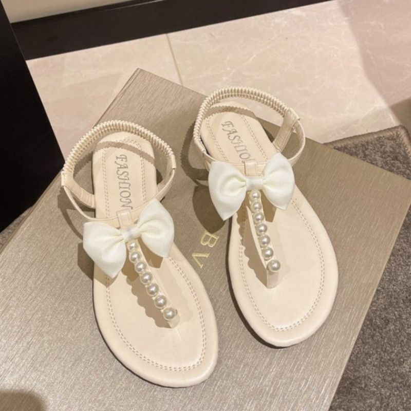 Női Faux Pearl masni Dekor Tanga szandál PU bőr divat kültéri lakások nyári szabadidő szexi csúszdák irodai női alkalmi cipők