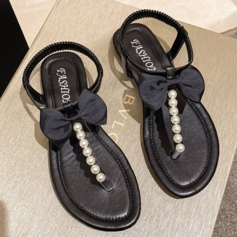 Női Faux Pearl masni Dekor Tanga szandál PU bőr divat kültéri lakások nyári szabadidő szexi csúszdák irodai női alkalmi cipők