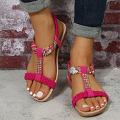 Rimocy Summer Flat σανδάλια για γυναίκες 2023 Rhinestone Elastic Back Strap Gladiator σανδάλια Γυναικεία άνετα αντιολισθητικά παπούτσια παραλίας