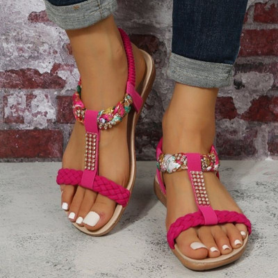 Rimocy Summer Flat σανδάλια για γυναίκες 2023 Rhinestone Elastic Back Strap Gladiator σανδάλια Γυναικεία άνετα αντιολισθητικά παπούτσια παραλίας