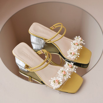 2022 Нови летни дамски обувки Сандали с отворени пръсти на цветя Прозрачен дебел ток Едноцветни дамски сандали Модна личност