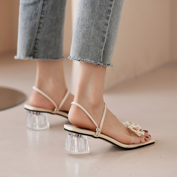 2022 Нови летни дамски обувки Сандали с отворени пръсти на цветя Прозрачен дебел ток Едноцветни дамски сандали Модна личност