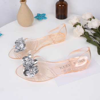 Διαφανή γυναικεία σανδάλια από PVC 2023 Καλοκαιρινή μόδα Κρυστάλλινη πούλιες Σχέδιο λουλουδιών Επίπεδα παπούτσια Γυναικεία Peep Toe Casual σανδάλια