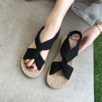 Сандали Жените носят сламени ленени римски сандали през лятото Плоски дамски обувки с кръстосана еластична лента