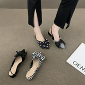 Γυναικεία σανδάλια Διακόσμηση φιόγκων Houndstooth πουά Καλοκαιρινή θέση Νεράιδα Γυναικεία παπούτσια Γαλλικά τετράγωνα ποδαράκια Γυναικεία σανδάλια