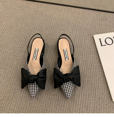 Γυναικεία σανδάλια Διακόσμηση φιόγκων Houndstooth πουά Καλοκαιρινή θέση Νεράιδα Γυναικεία παπούτσια Γαλλικά τετράγωνα ποδαράκια Γυναικεία σανδάλια