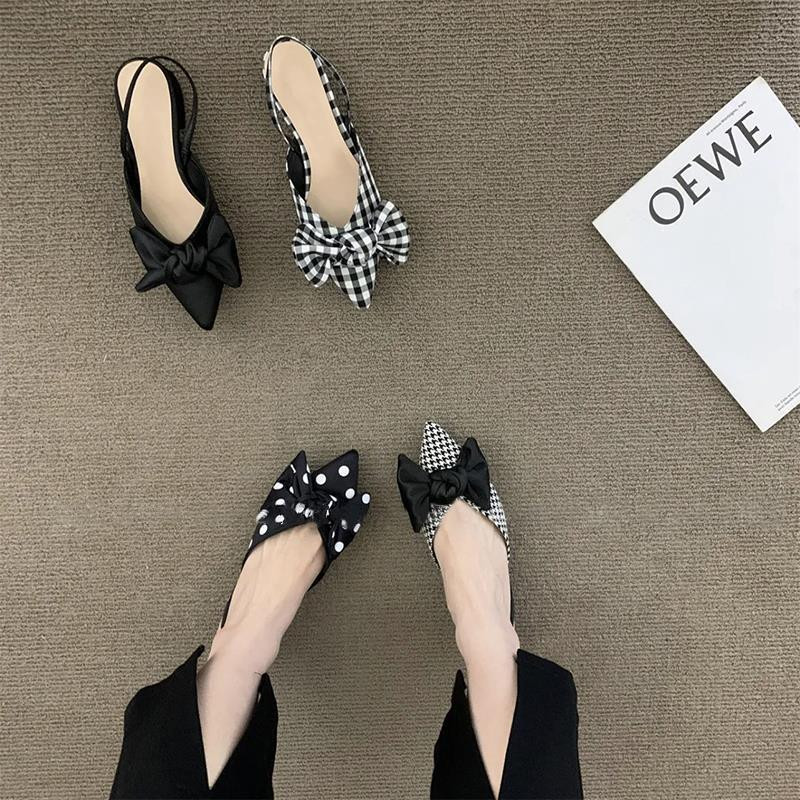 Női szandálok masni dekoráció Houndstooth pöttyös nyári fülke tündér női cipők francia négyzetgyökeres lábujj Női szandálok