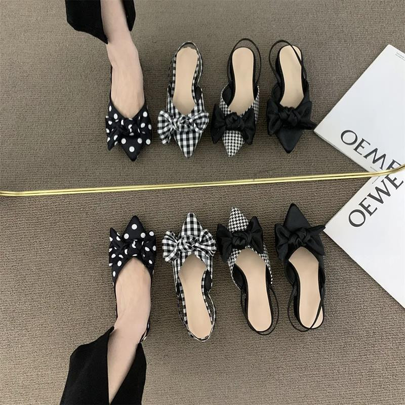 Női szandálok masni dekoráció Houndstooth pöttyös nyári fülke tündér női cipők francia négyzetgyökeres lábujj Női szandálok