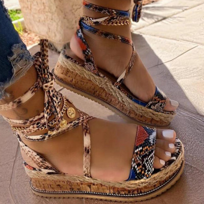 Летни дамски сандали със змия Платформени токчета Кръстосана каишка на глезена Дантела Peep Toe Плажни дамски обувки Нови дамски сандали 2023 г.