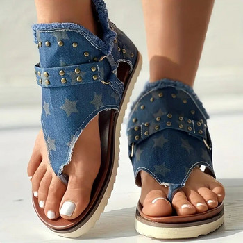 Дамски ежедневни дънкови сандали Дамски гладиаторски сандали с отворени пръсти на гърба, нехлъзгащи се прашки, универсални обувки в римски стил