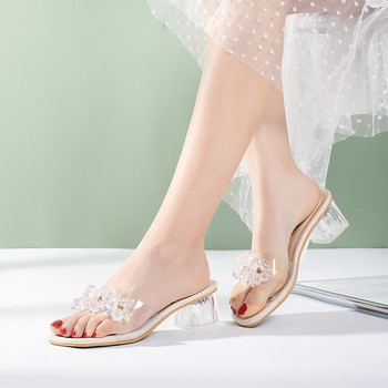 2022 Нови сандали Дамски летни секси кристални прозрачни чехли с висок ток Декорация от кристали Едноцветни дамски сандали