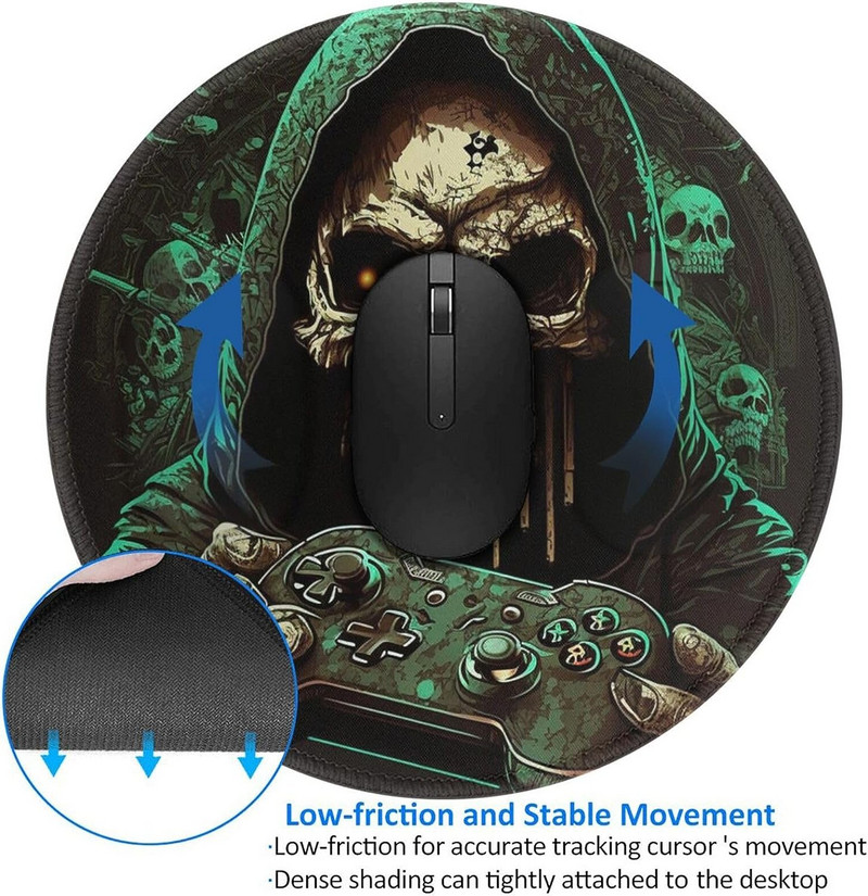 Skull Grim Reaper Play Games Cool kerek egérpad csúszásmentes gumi koponya játék egérpadok varrott éllel irodai munkához