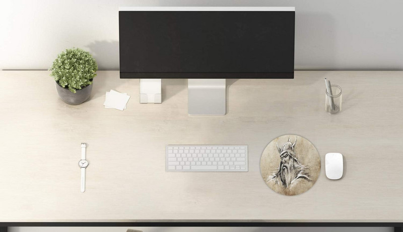 Viking egérpad vázlatos stílusú harcos szakállal és kalappal Férfias portré tetoválás, kerek, csúszásmentes gumi modern játék egérpad