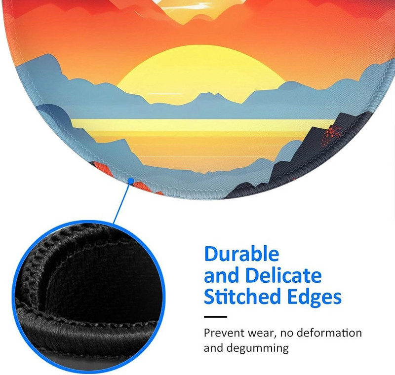 Bright Sunrise kerek egérpad csúszásmentes gumiból készült hegyi játék egérpadok varrott élekkel, irodai munkavégzéshez számítógép laptop otthon