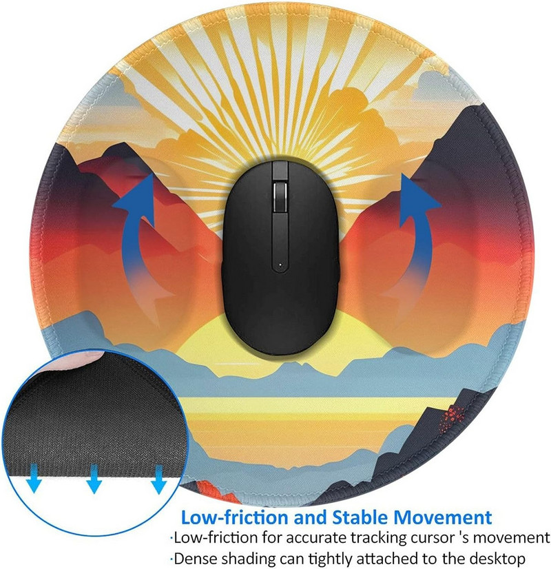 Bright Sunrise kerek egérpad csúszásmentes gumiból készült hegyi játék egérpadok varrott élekkel, irodai munkavégzéshez számítógép laptop otthon