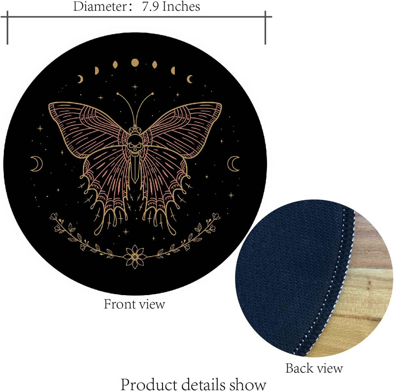 Retro Boho misztikus pillangómoly koponya Holdfogyatkozás fázis kerek, csúszásmentes gumi egérpad 7,9″×7,9″ laptop számítógépes irodához