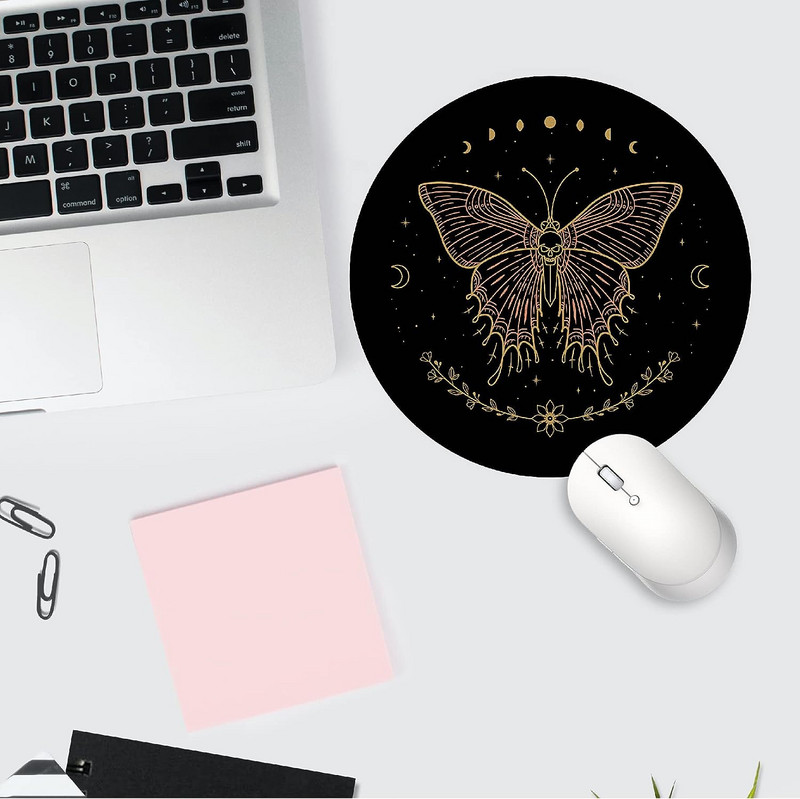 Retro Boho misztikus pillangómoly koponya Holdfogyatkozás fázis kerek, csúszásmentes gumi egérpad 7,9″×7,9″ laptop számítógépes irodához