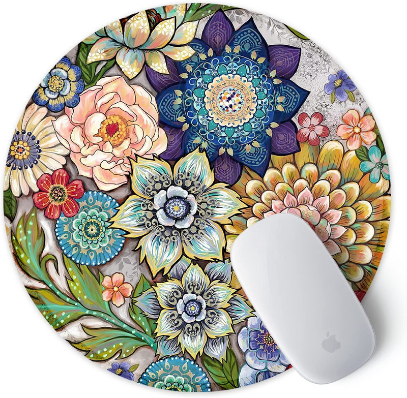 Egérpad varrott szélű egéralátéttel, vízálló, csúszásmentes gumi alappal, kerek egérpad 7,9 × 7,9 × 0,12 hüvelykes zamatos virág