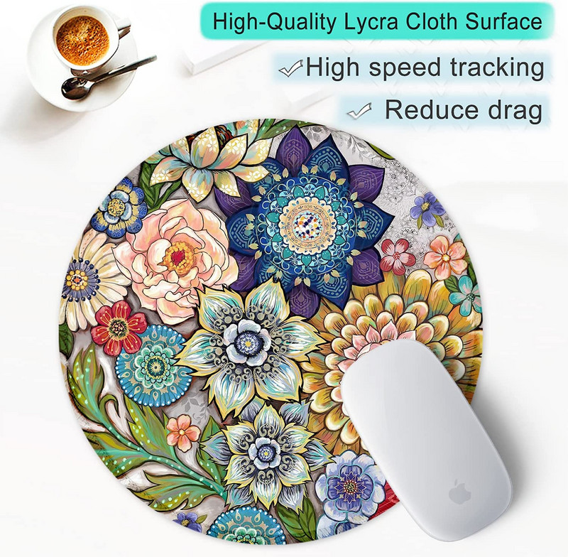 Egérpad varrott szélű egéralátéttel, vízálló, csúszásmentes gumi alappal, kerek egérpad 7,9 × 7,9 × 0,12 hüvelykes zamatos virág