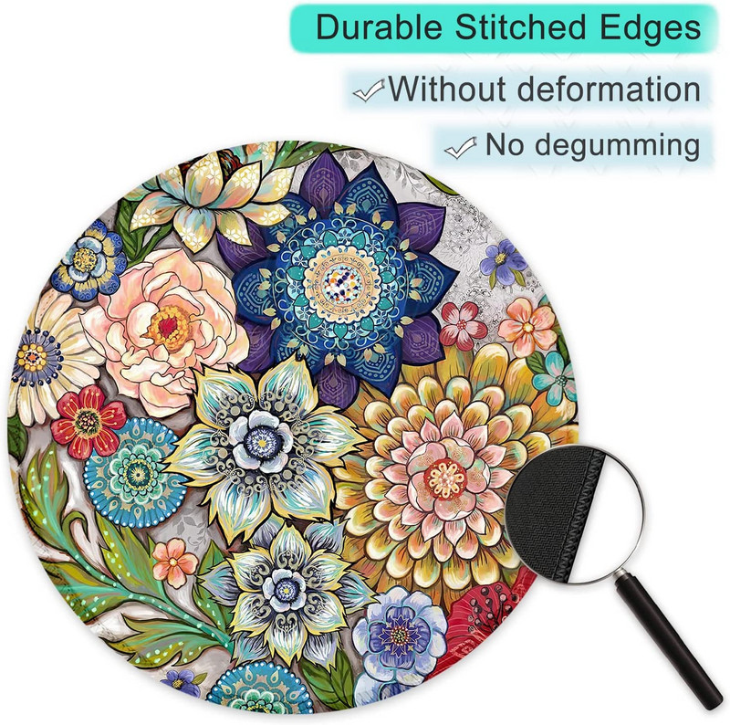 Egérpad varrott szélű egéralátéttel, vízálló, csúszásmentes gumi alappal, kerek egérpad 7,9 × 7,9 × 0,12 hüvelykes zamatos virág