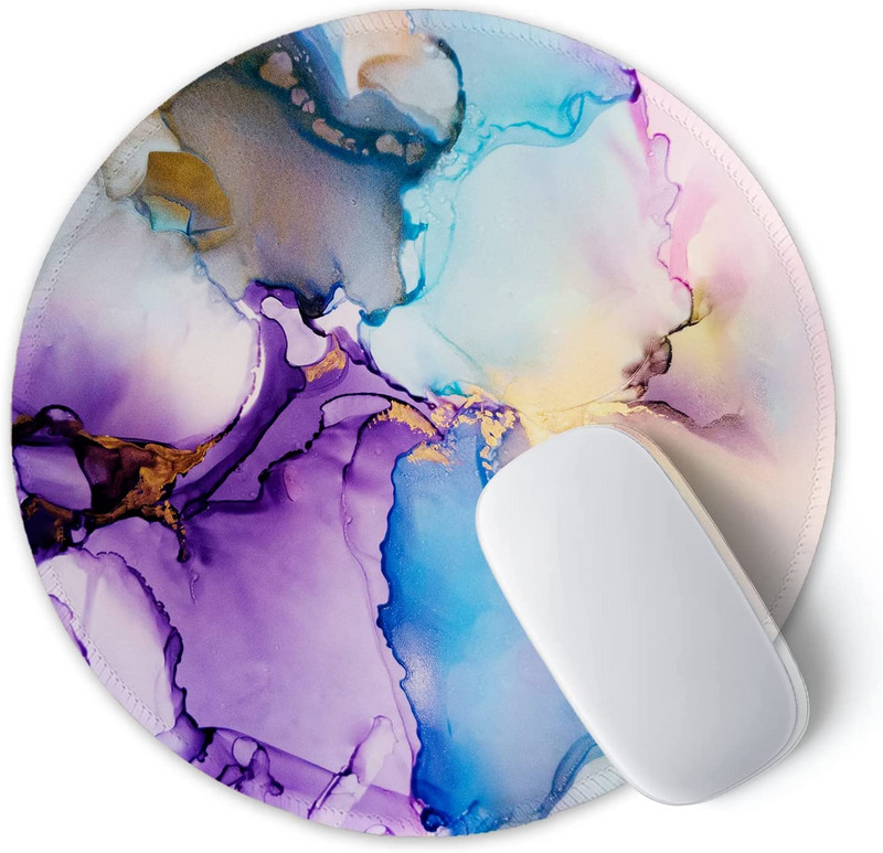 Egérpad varrott szélű egéralátéttel, vízálló, csúszásmentes gumitalppal, kerek egérpad, 7,9 × 7,9 × 0,12 hüvelykes szivárvány márvány
